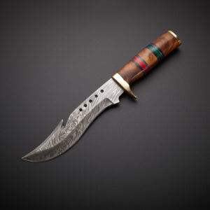 Damascus Hunting Bowie Knife Pakka Wood Handle With Leather Sheath.