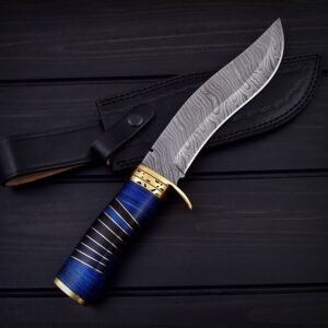 Damascus Steel Hunting Bowie Knife Resin Handle With Leather Sheath.